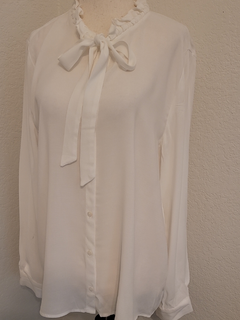 Women's White Tie-Neck Ruffle Blouse